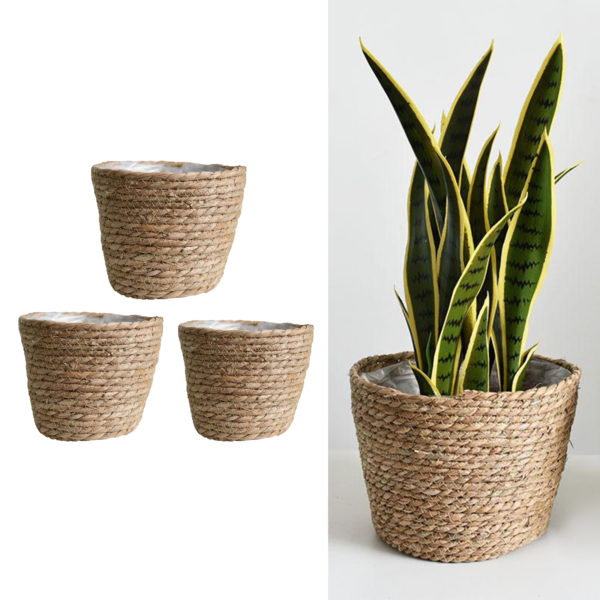 plusieurs images de caches pots avec à gauche trois caches pots alignés pour faire un triangle et à droite un cache pot avec une plante