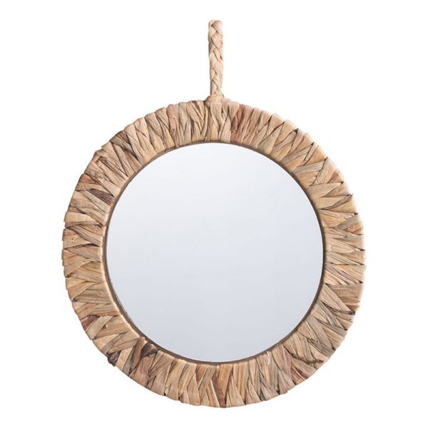 Miroir circulaire en rotin naturel sur fond blanc.