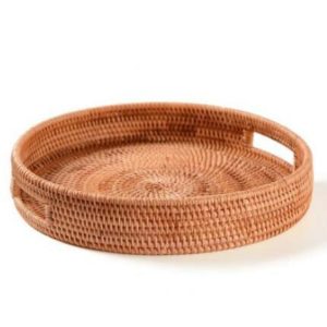 Plateau rond en rotin tissé avec poignées sur chaque coté