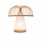 Ce lampadaire est en forme de champignon. Il est en rotin et est placé sur un fond blanc.