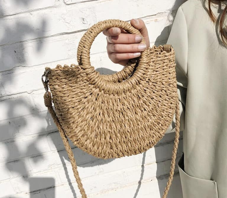 Sac bandoulière rond en paille beige