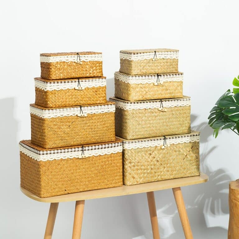 Valise En Rotin Boîte De Rangement Vintage Paniers De Rangement Tissés Boîtes De Rangement Avec Couvercles Cuir Artificiel, Panier En Osier Marron Clair En Plastique Avec (6