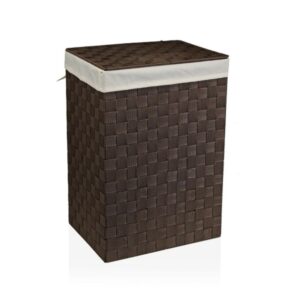 Panier multi-usage en rotin teint en noir avec intérieur en tissu, présenté sur fond bblanc
