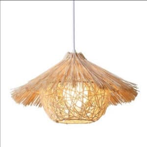 Lustre rond suspendu par un cable ,en bambou et bois, jaune