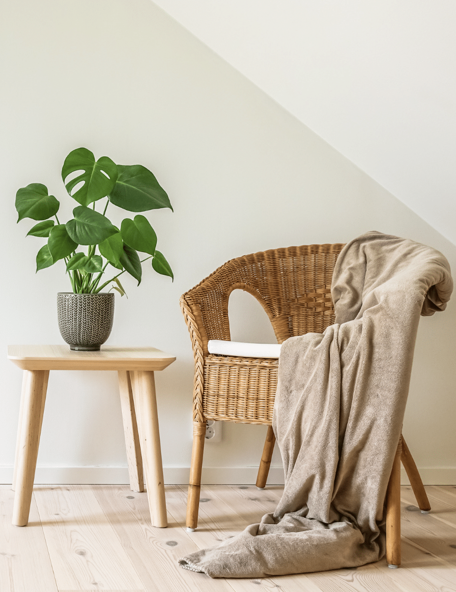 chaise en rotin avec une couverture et une table basse avec une plante devant un mur beige