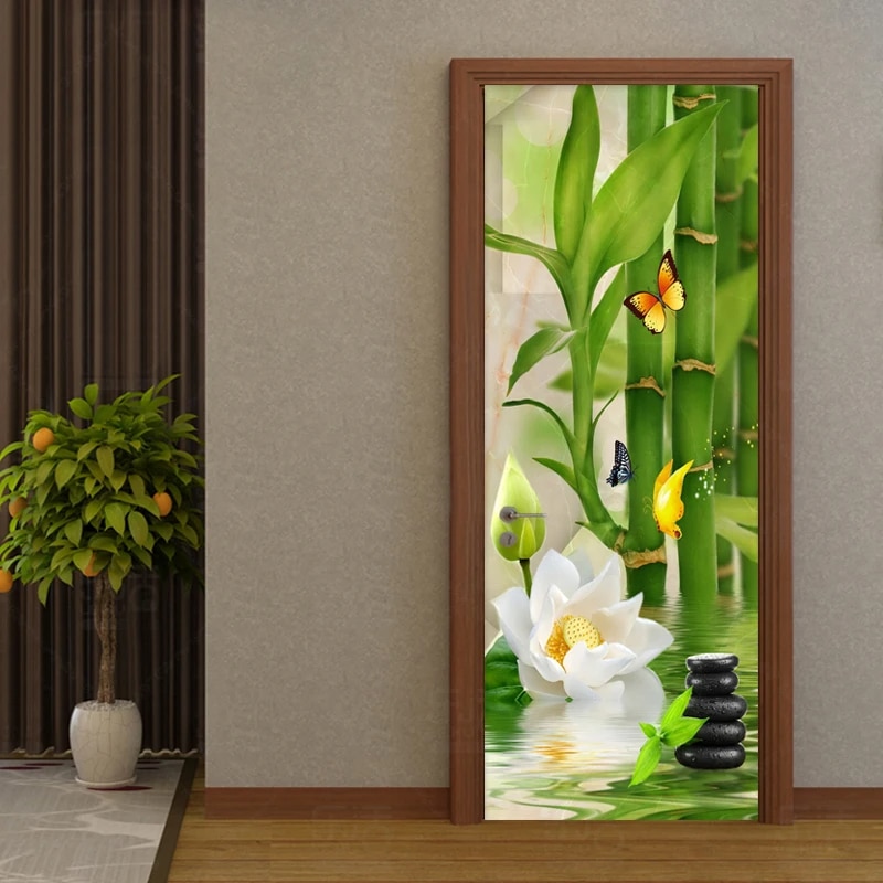 Papier Peint Imprimé Bambou et Fleur Imperméable en Vinyle