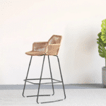 Chaise de Bar Rotin Style Nordique et Design posée sur un tapis avec une plante verte à droite
