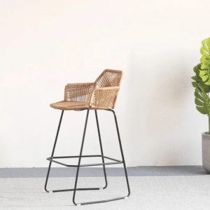 Chaise de Bar Rotin Style Nordique et Design posée sur un tapis avec une plante verte à droite