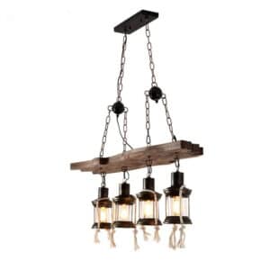 Suspension Bois Flotté Style Industriel avec Lanternes à LED sur fond blanc