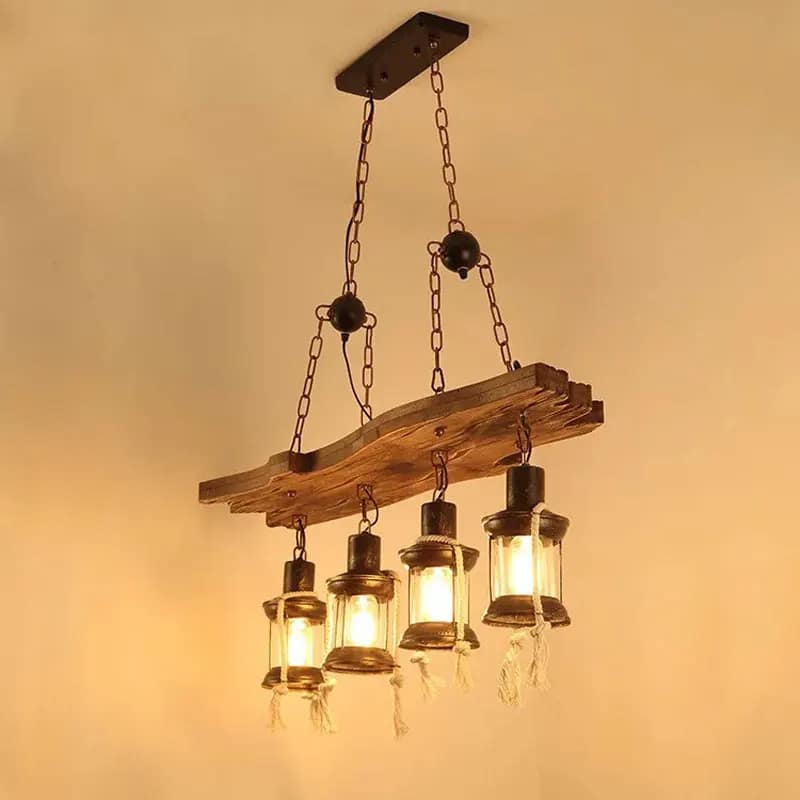 Suspension Bois Flotté Style Industriel avec Lanternes à LED Suspension Bois Flotté Style Industriel avec Lanternes à LED