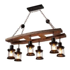 Suspension Bois Flotté Style vintage avec Six Lanternes à LED sur fond blanc