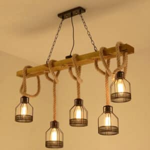 Lustre en Bois LED de Style Industriel avec Corde sur fond beige