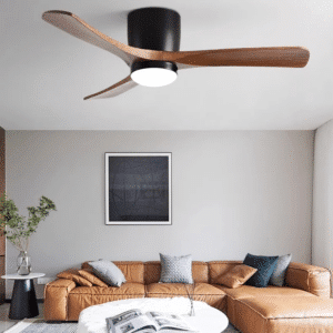 Plafonnier Bois LED Nordique avec Ventilateur dans un salon avec un canapé et un tableau