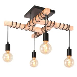 Suspension Bois LED de Style Industriel avec Quatre Têtes sur fond blanc
