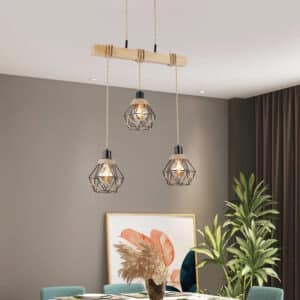 Suspension Bois LED de Style Vintage avec Corde de Chanvre dans une pièce avec un mur gris