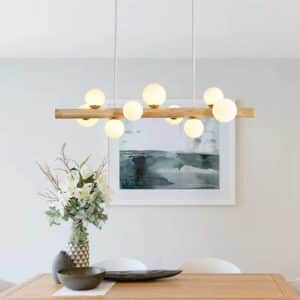 Suspension Bois Moderne au Design Minimaliste allumée au-dessus d'une salle à manger