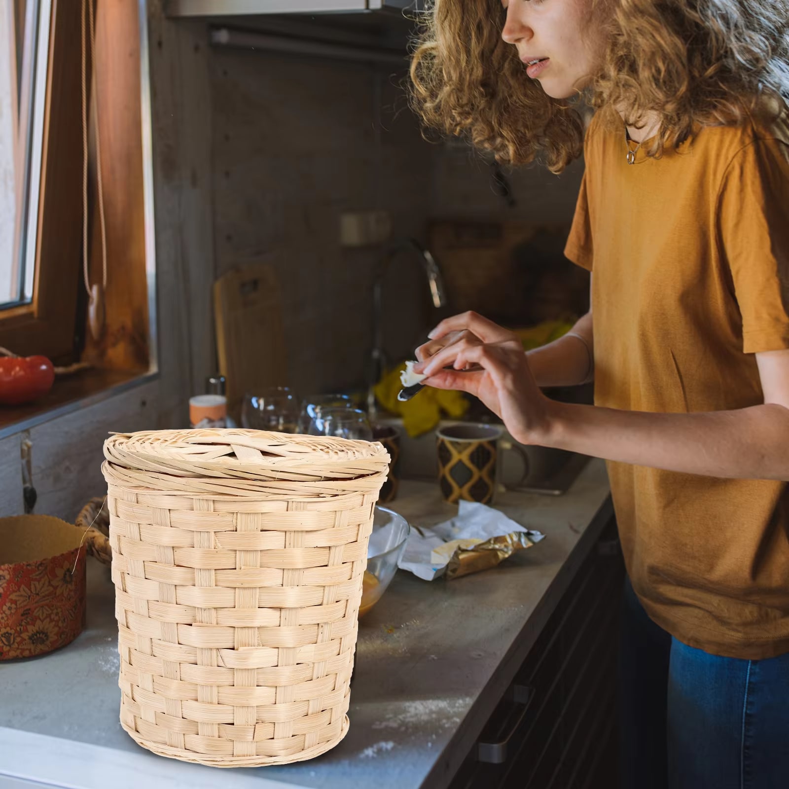 Poubelle Rotin Ronde avec Couvercle Poubelle Rotin Ronde avec Couvercle