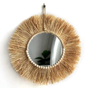 Miroir Paille Rond Style Bohème sur fond blanc