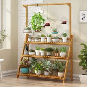 Étagère Bois Ajustable à 3 Niveaux avec des pots de fleurs